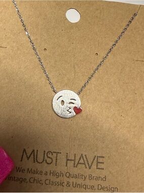 Must Have Silver Emoji Kiss Necklace with Red Heart 16inch